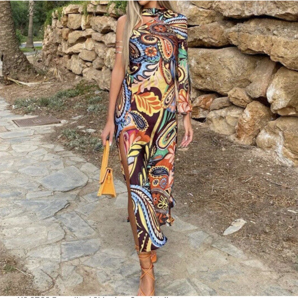 Zara NWT medium one shoulder neck paisley floral pattern long float dress